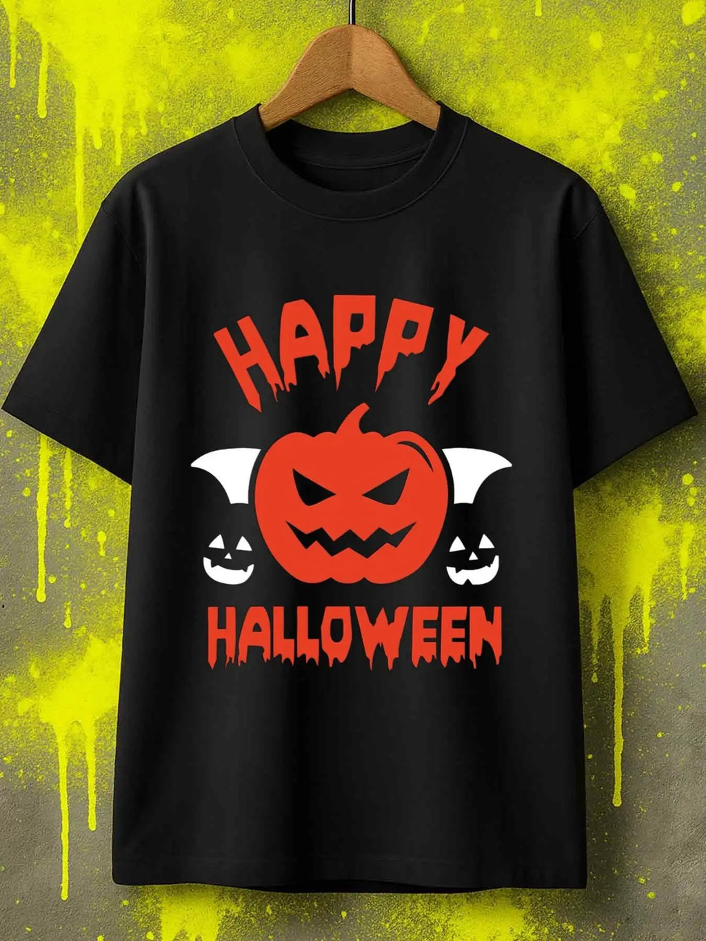 Trendy Men's Black Graphic T-Shirt Happy Halloween Pumpkin Face Bat Wings Jack O Lantern Horror Letter Print 100% Cotton Heavyweight Short Sleeve Casual Streetwear Tee