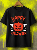 Trendy Men's Black Graphic T-Shirt Happy Halloween Pumpkin Face Bat Wings Jack O Lantern Horror Letter Print 100% Cotton Heavyweight Short Sleeve Casual Streetwear Tee