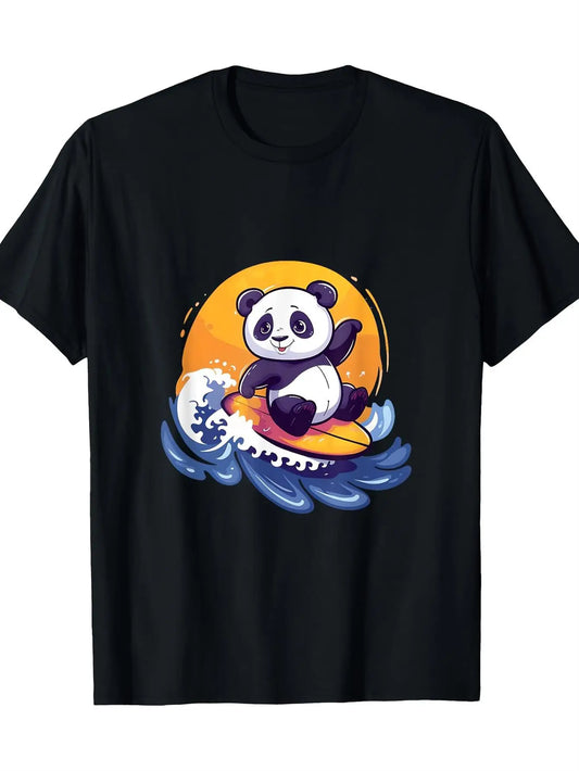 Trendy Men's Black Graphic T-Shirt Surfing Panda Ocean Wave Sunset Cartoon Summer Beach Graphic 100% Cotton Heavyweight Short Sleeve Casual Streetwear Tee