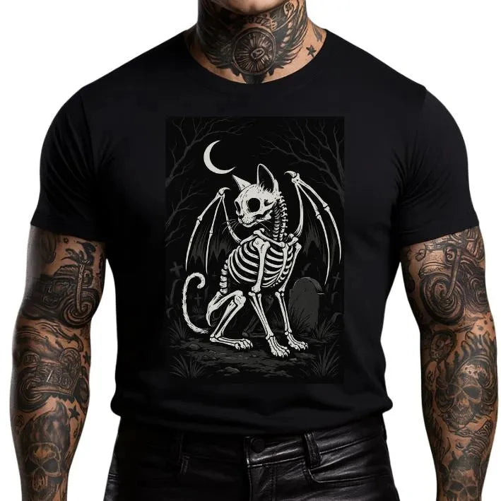 HOT SALE Gothic Skeleton Cat Shirt Halloween Horror Aesthetics Cat and Moon Creepy Cute Witch Fall Tee Scream Skull Tees