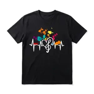 Colorful Music Heartbeat Men's Graphic TShirt, 100% Cotton Short Sleeve Soft Top, Vibrant Artistic Graphic Print Design, for Daily Wear, Streetwear, Casual Outings, Birthday Gift, Gift for Men, Women and Friends