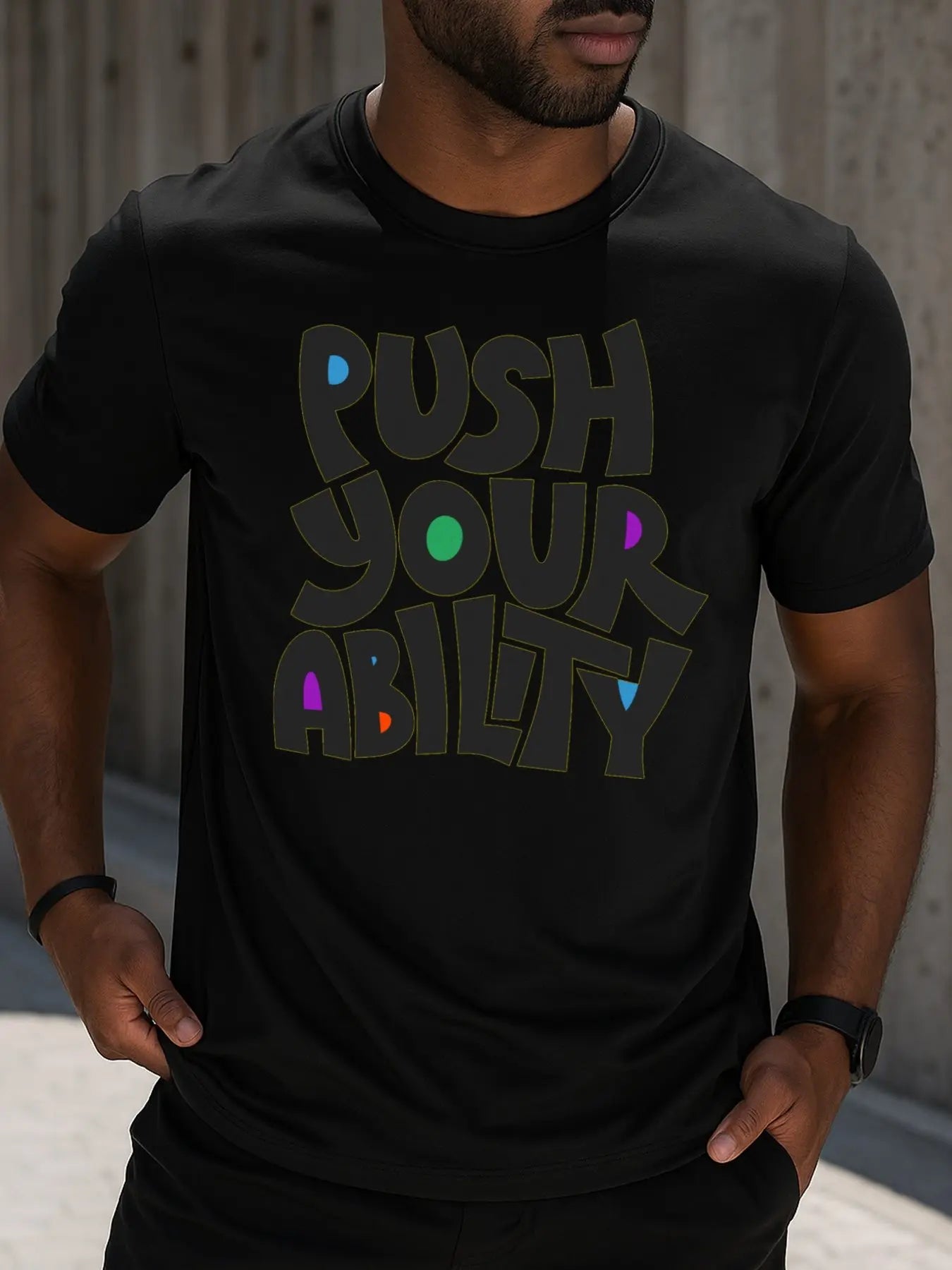 Trendy Men's Black Graphic T-Shirt Push Your Ability Bold Letter Print Color Pop Motivational Slogan Retro Typography 100% Cotton Heavyweight Short Sleeve Casual Streetwear Tee
