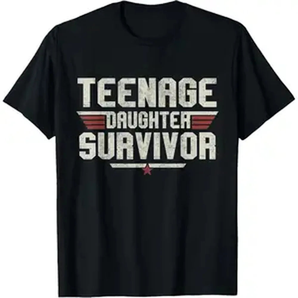 Funny Graphic T-Shirt for Parents, Vintage 'Teenager Survivor' Loose Fit Crewneck Top in Soft Smooth Cotton Fabric