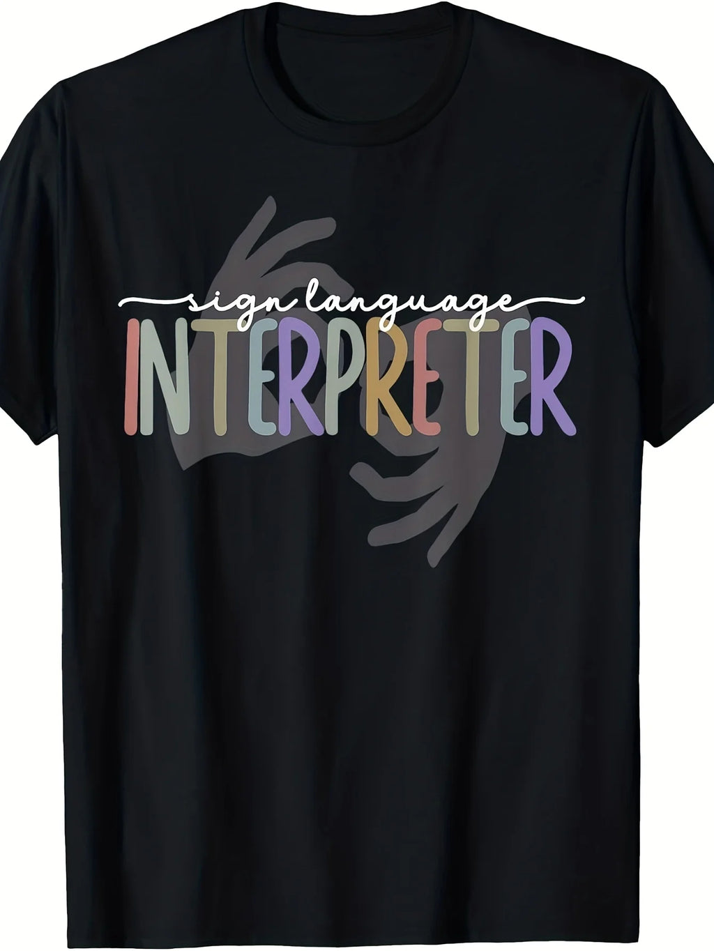 Casual Men's Black Graphic T-Shirt Sign Language Interpreter Hand Gesture Pastel Typography Statement Print 100% Cotton Heavyweight Short Sleeve Casual Streetwear Tee