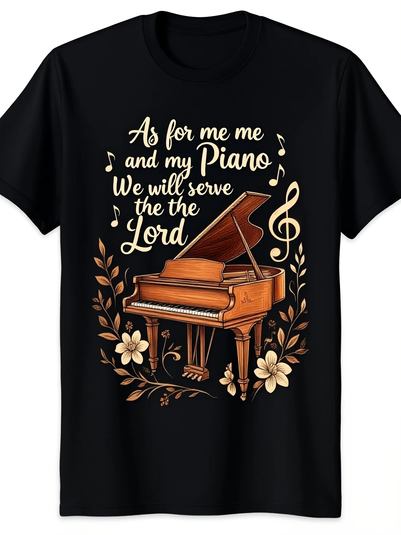 Retro Music TShirt As for Me And My Piano We Will Serve The Lord Vintage Round Neck Tee Suitable for Seasons Machine Washable Casual Wear for Church Choirs Piano Performances4Retro Casual Short-sleeved T-shirt with a Round Neck and Printed Pattern