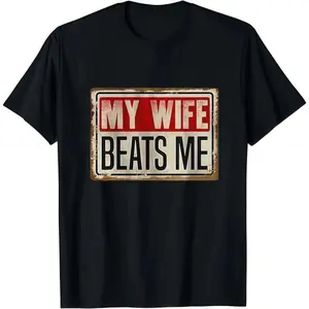 Cotton Short Sleeve T-Shirt Funny My Wife Beats Me Shirt, American Flag Husband and Wife Shirts, Husband Shirt for Men, Father's Day Gift, Menswear Classic Casual Fabric