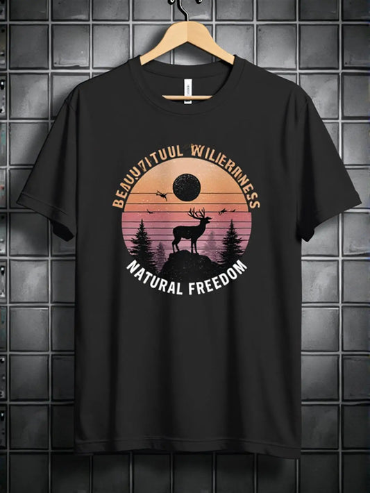 Vintage Men's Black Graphic T-Shirt Deer Pine Tree Sunset Wilderness Natural Freedom Slogan Retro Circle Forest Silhouette Print 100% Cotton Heavyweight Short Sleeve Casual Streetwear Tee