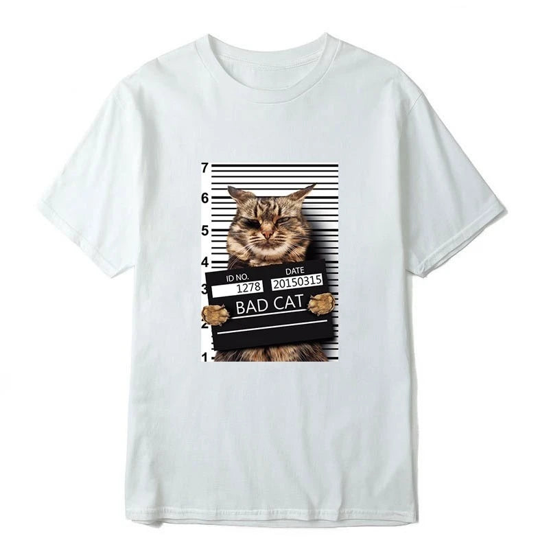 HOT SALE Funny Crime Cat Print Casual O Collar Loose Men T Shirt Summer Humor Unisex Short Sleeve Casual Creative Streetwear Top