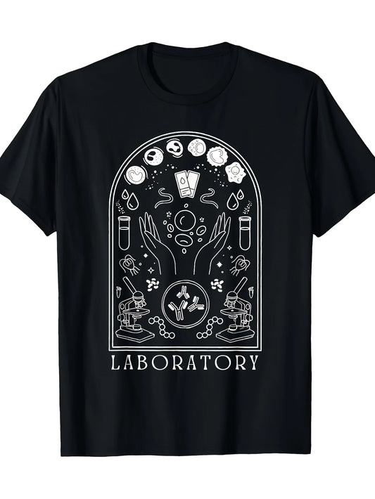 Vintage Men's Black Graphic T-Shirt Laboratory Microscope Test Tube Moon Phase Hands Science Symbol Print 100% Cotton Heavyweight Short Sleeve Casual Streetwear Tee