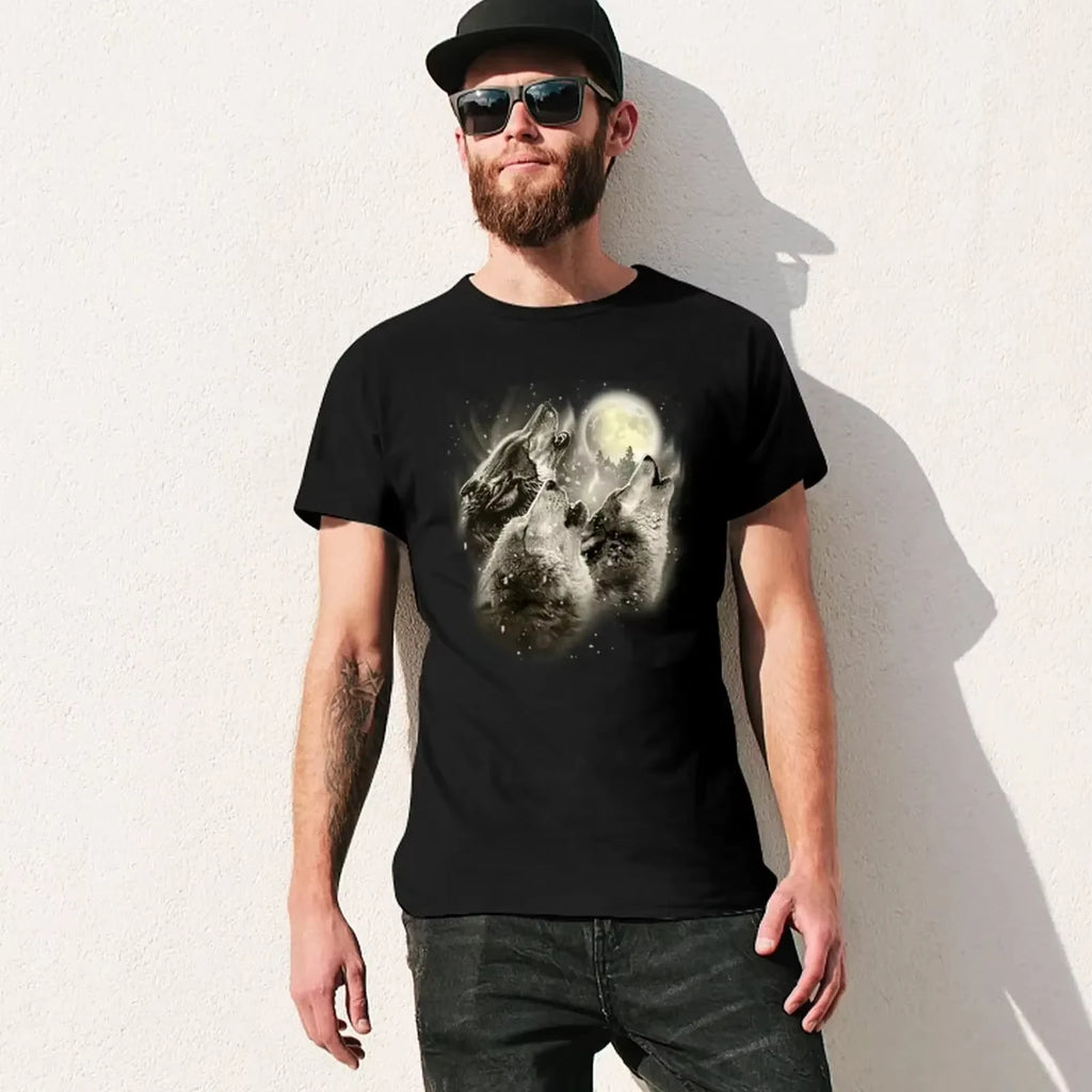 Three Wolves Howling in Moonlight T-Shirt Boys Animal Print Vintage Mens Tall T Shirts Men Customized T-Shirts for Men HOT SALE