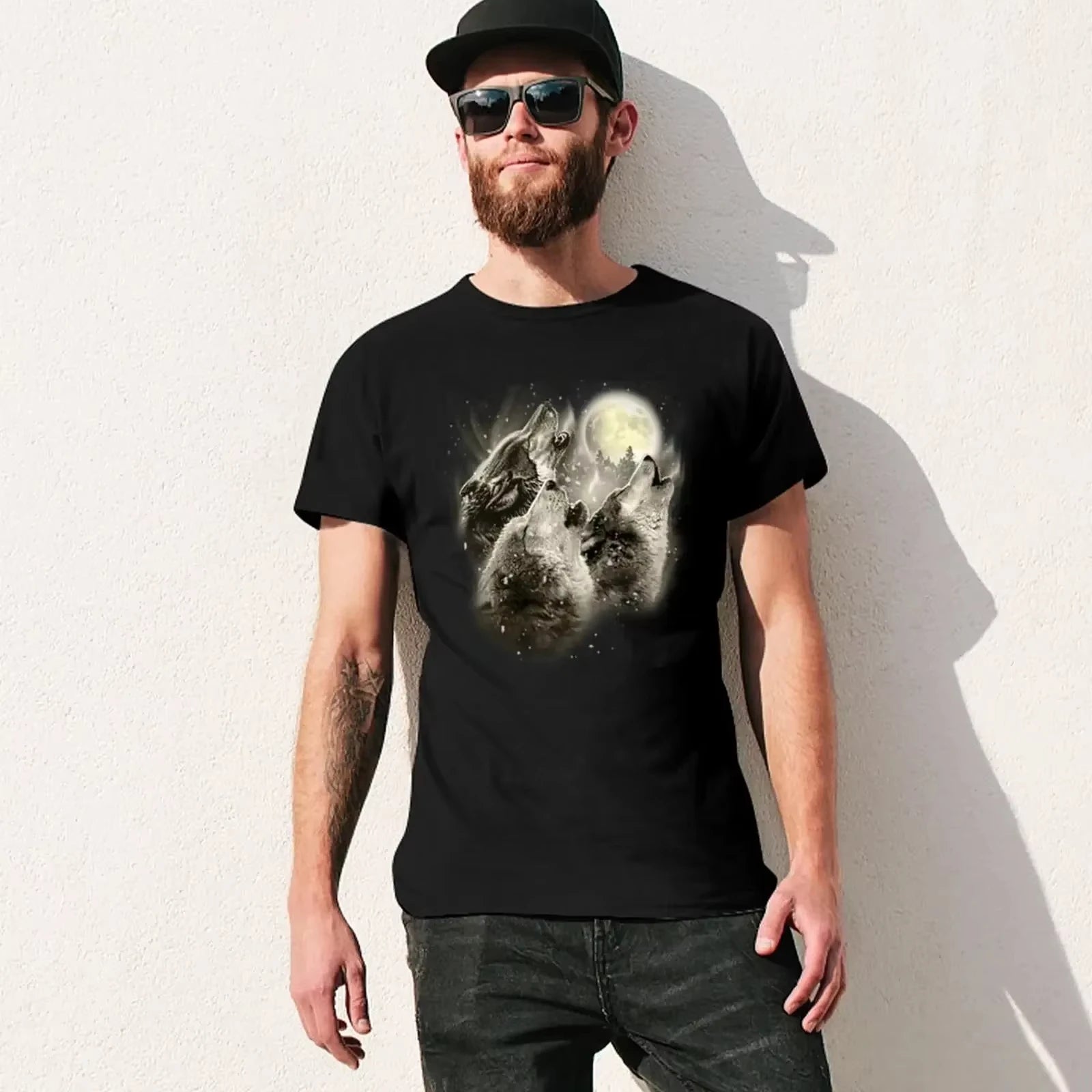 Three Wolves Howling in Moonlight T-Shirt Boys Animal Print Vintage Mens Tall T Shirts Men Customized T-Shirts for Men HOT SALE