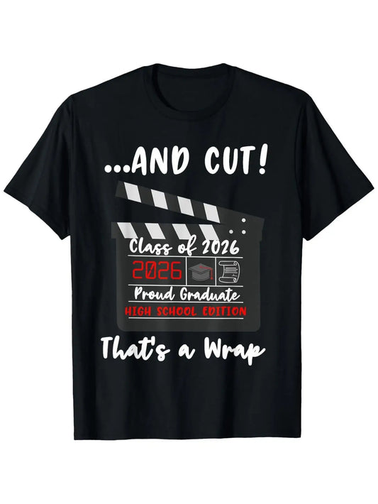 Class of THAT's A WRAP! Funny Graduation T-Shirt - Movie Clip maroon line Design - Black with Red/Text - Soft Crew Neck Tee for High School