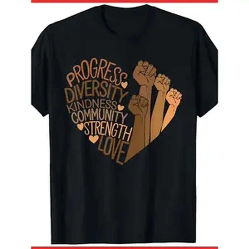 Unisex 180g Pure Cotton Casual Sports Top - Round Neck Shirts, Melanin African Women's Black History Fist Print, Diversity Equity Design, Smooth Seamless Loose Fabric Clothes, 2025 Summer Short-Sleeve Tee