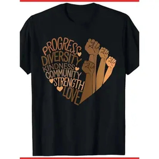 Unisex 180g Pure Cotton Casual Sports Top - Round Neck Shirts, Melanin African Women's Black History Fist Print, Diversity Equity Design, Smooth Seamless Loose Fabric Clothes, 2025 Summer Short-Sleeve Tee