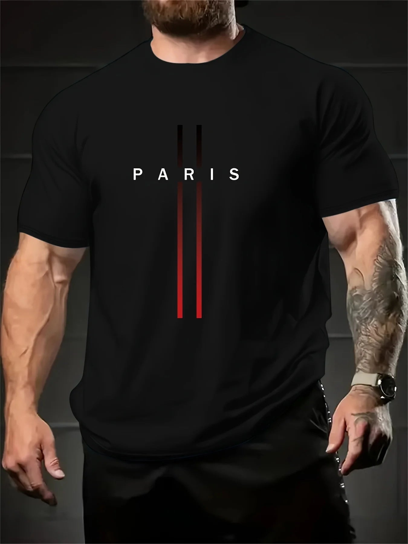 Men'S Trendy Creative PARIS Print Comfortable, Soft Short-Sleeved Regular Shoulder Short-Sleeved T-Shirt, Trendy PARIS Print T-Shirt Black And Red Color Matching Design, a Must-Have for Stylish Men to Go Out
