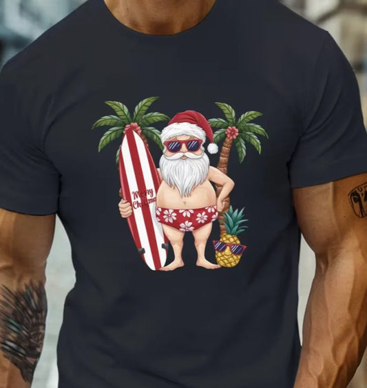 1pc Men'S Casual Round Neck Tropical Christmas T-Shirt, Polyester Knit Tee with Geometric Pattern, Summer Regular Fit Top