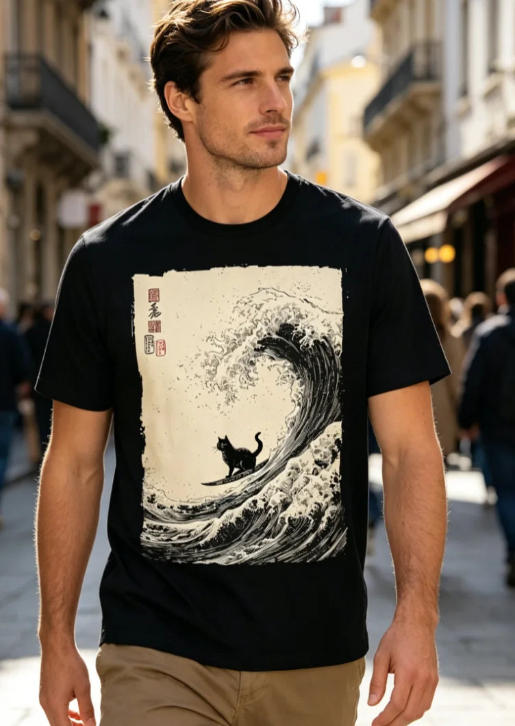 I Do Not Think Therefore I Do Not Am, Black Cat Shirt Casual Loose Mesh Fashion Trend Black T-shirt