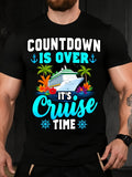 Men'S Summer Digital Print Cruise T-Shirt | Tropical Nautical Design With "Countdown'S Over Cruise Time" Text, Machine Washable Black Casual Short Sleeve Crewneck Tee For Beach Pool And Casual Retro Style