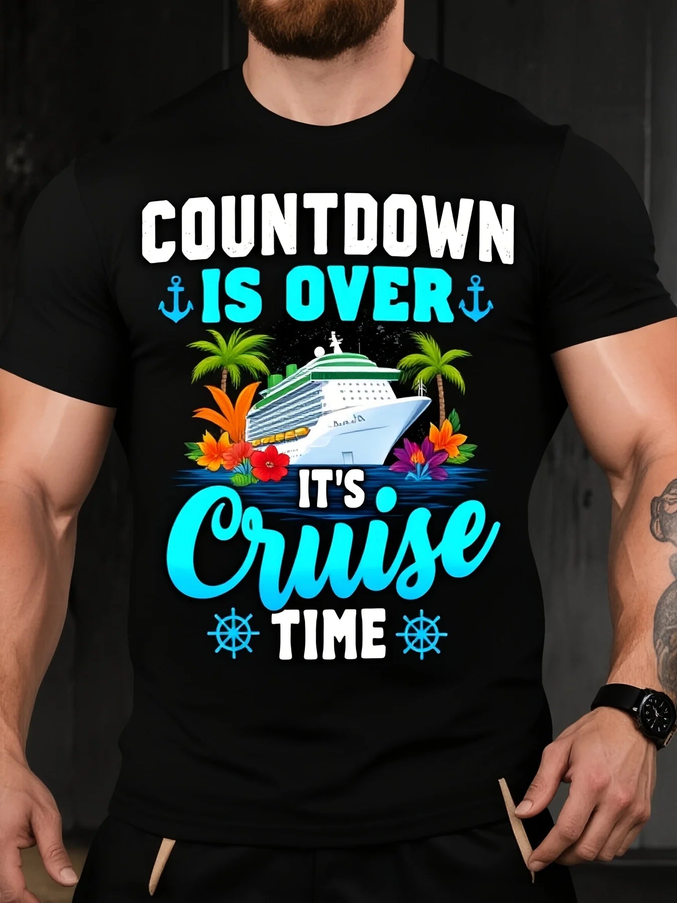 Men'S Summer Digital Print Cruise T-Shirt | Tropical Nautical Design With "Countdown'S Over Cruise Time" Text, Machine Washable Black Casual Short Sleeve Crewneck Tee For Beach Pool And Casual Retro Style