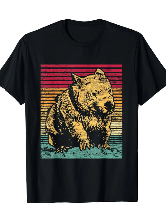 Vintage Men's Black Graphic T-Shirt Wombat Sunset Stripe Distressed Retro Animal Illustration Bold Vintage Print 100% Cotton Heavyweight Short Sleeve Casual Streetwear Tee