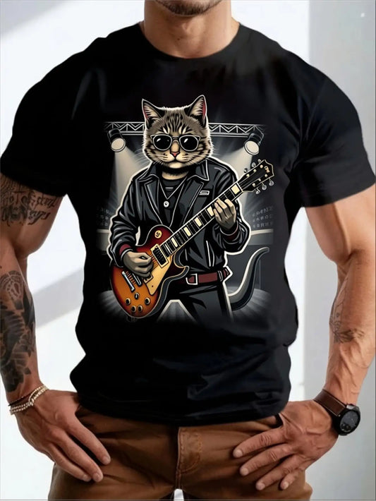 Rock Men's Black Graphic T-Shirt Cat Guitar Sunglasses Leather Jacket Stage Lights Music Performance Retro Graphic 100% Cotton Heavyweight Short Sleeve Casual Streetwear Tee