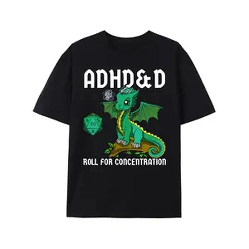 100% Cotton Cotton Printed Men's T-Shirt - ADHD&D Roll For Concentration Featuring Cute Dragon Comfortable Fit