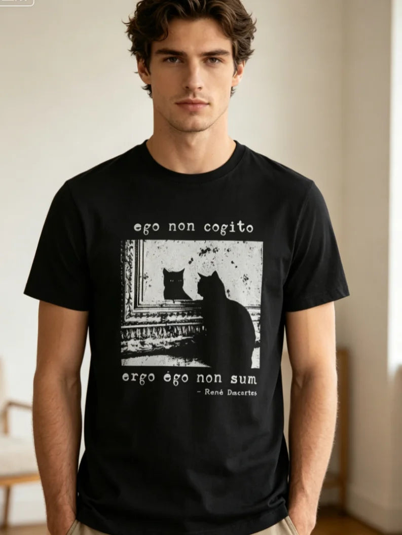 I Do Not Think Therefore I Do Not Am, Black Cat Shirt Casual Loose Mesh Fashion Trend Black T-shirt