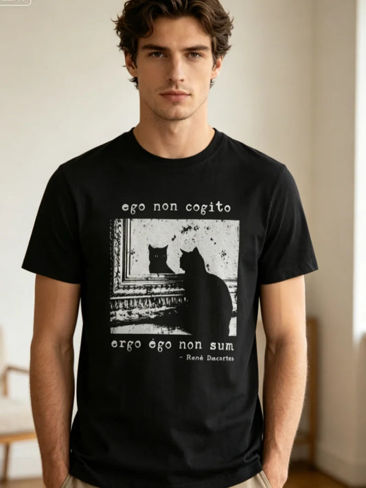 DesCATes Latin Cat Quote T-Shirt  Funny Philosophy Cat Tee Casual Loose Mesh Fashion Trend Black T-shirt