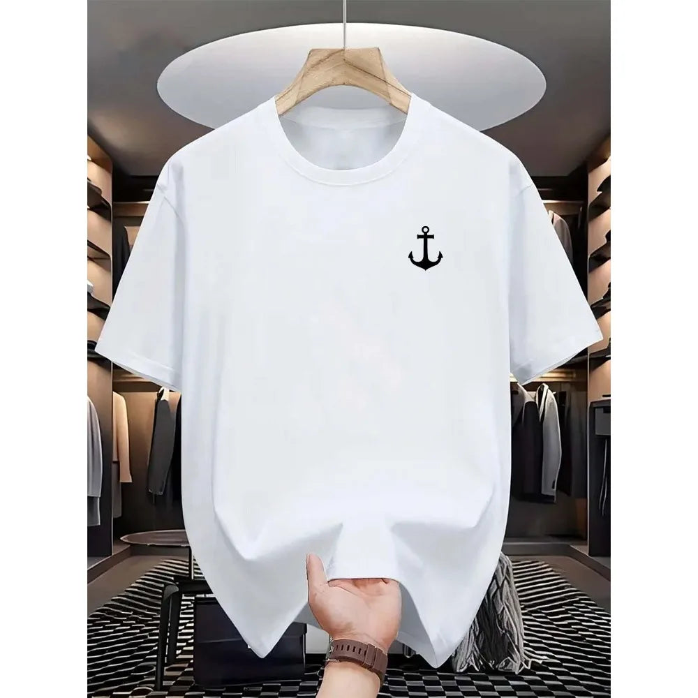 HOT SALE Men's Summer Soft Cotton Fashion Casual Loose Classic Anchor Pattern Print Sports Round Neck Casual Trend T-shirt