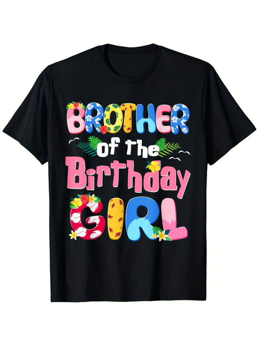 1pc Brother of the Birthday Girl Hawaiian Tropical Graphic T-Shirt - 100% Cotton Heavyweight Crew Neck Tee with Hibiscus & Palm Tree Print