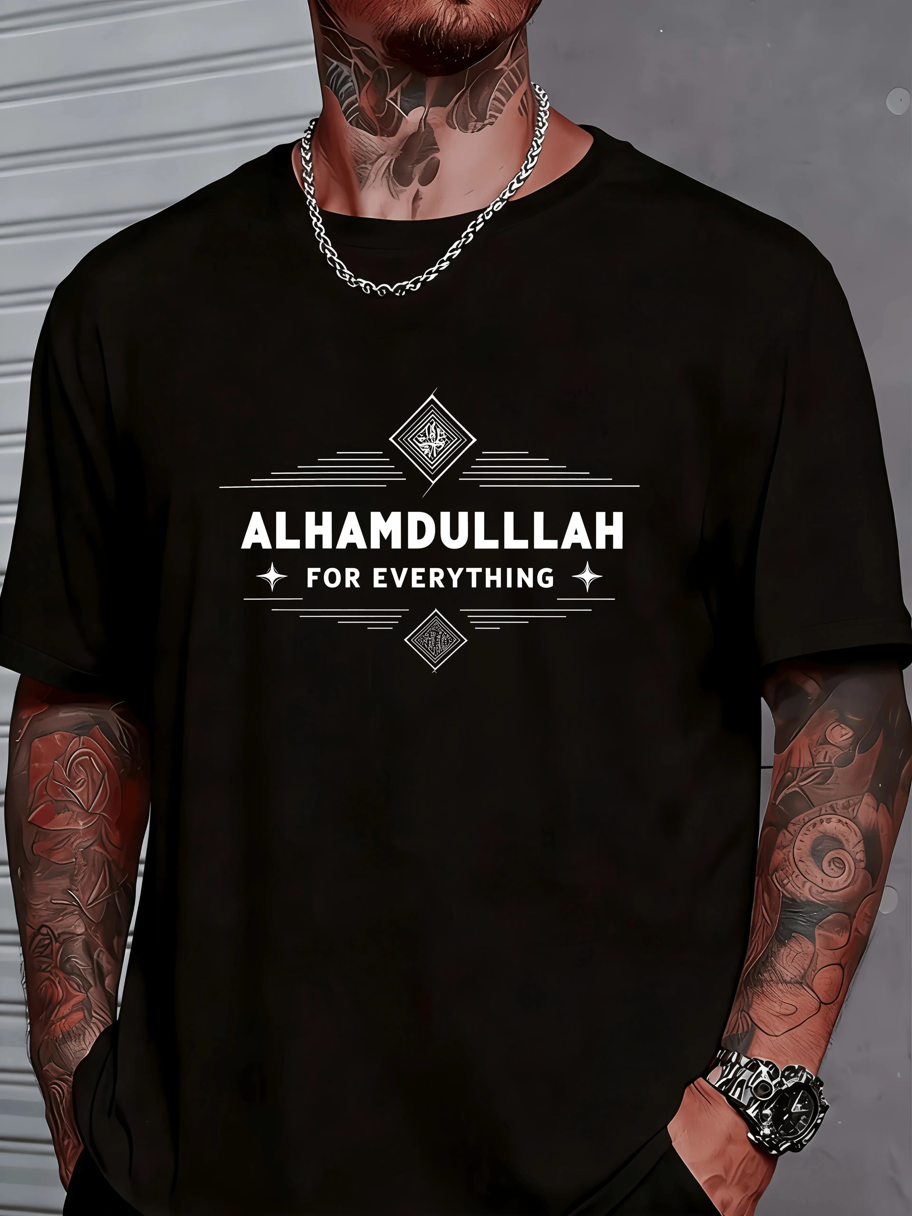 Men'S Fashionable T-Shirt, Round Neck Casual Short Sleeve Top, "ALHAMDULLLAH FOR EVERYTHING" Easy Geometric Print, Faithful and Elegant Design for Devout Men