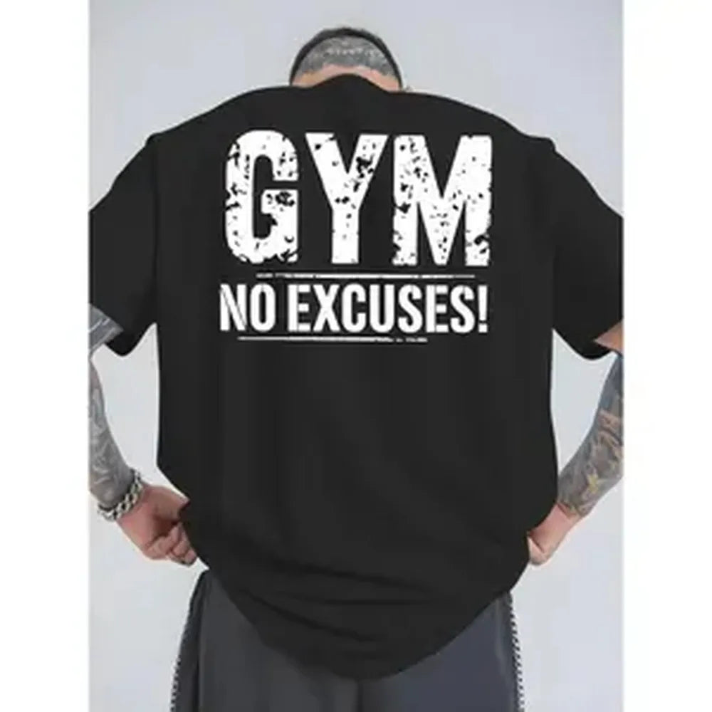 Men’s Motivational Gym T-Shirt - "Gym No Excuses" Back Print, Breathable Athletic Contrast Top, Regular Fit Round Neck Short Sleeve Workout Gym Shirts with Gym-Themed Design