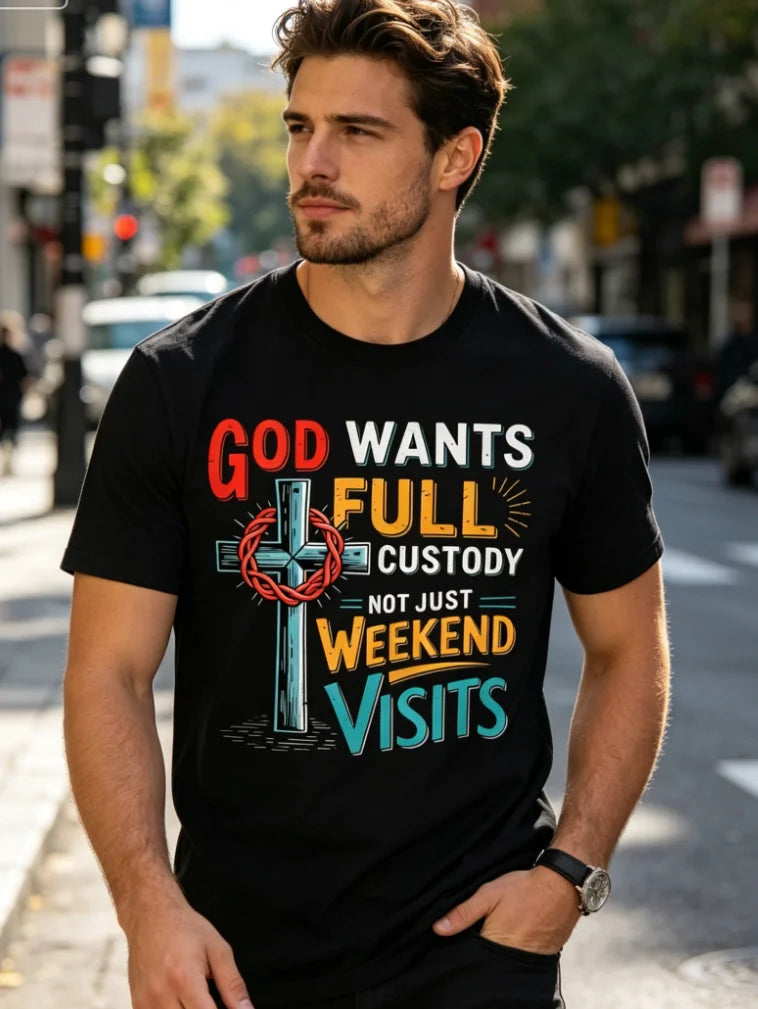 Unique Black Graphic Large-sized T-shirt Featuring A Central Wooden Cross Surrounded By A Red Crown of Thorns Eye-Catching 'GOD