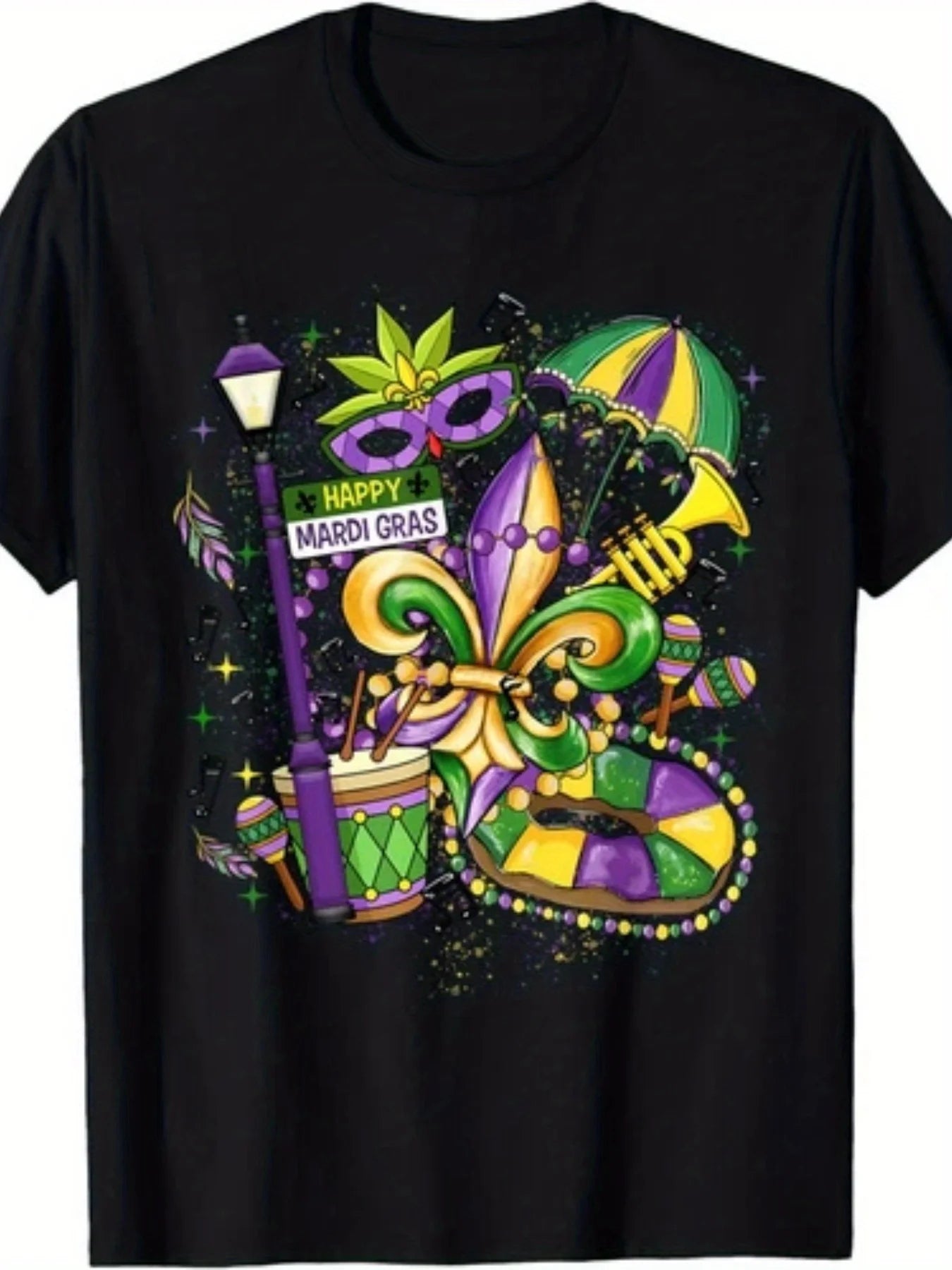 Men'S and Women'S Mardi Gras T-Shirt | Vibrant New Orleans Carnival Graphic with Fleur-de-Lis, Beads, and Jazz Music Notes - Retro Casual Short Sleeve Round Neck Tee for Parades, Parties, and Casual Attire - Comfortable All-Season Fit (Green