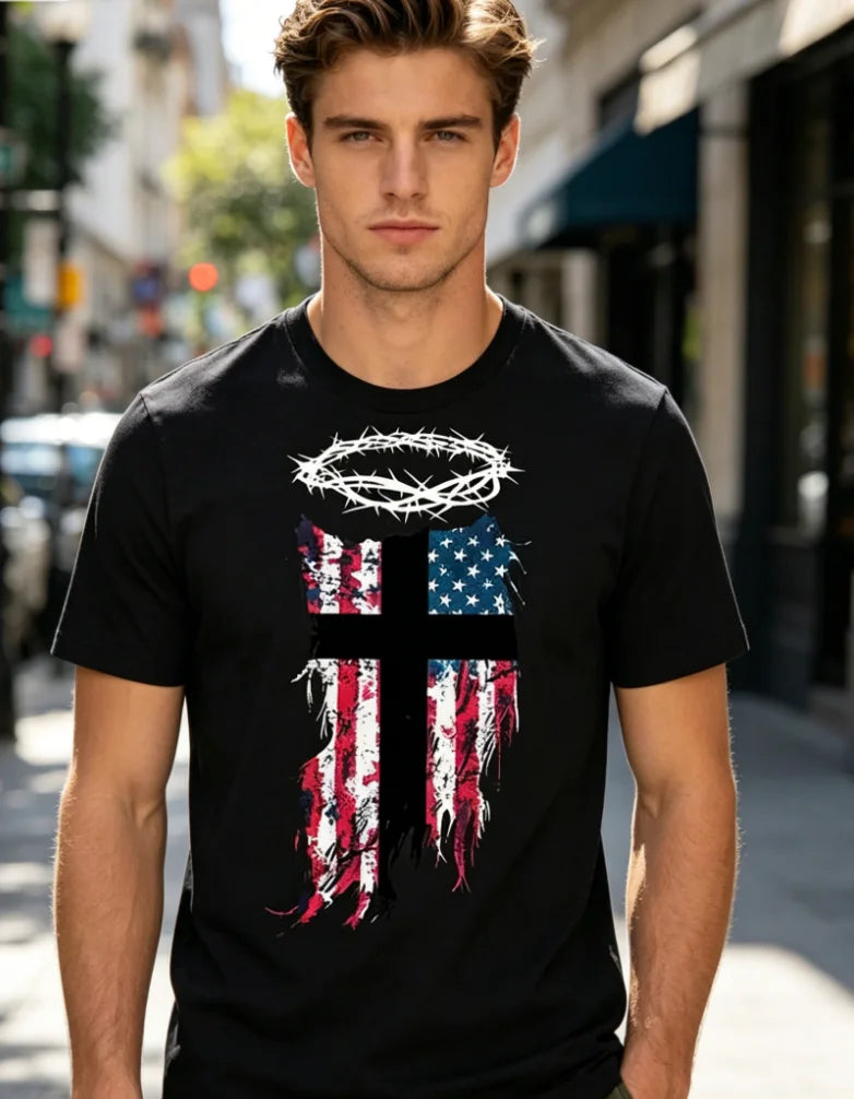 Unique Black Graphic Large-sized T-shirt Featuring A Central Wooden Cross Surrounded By A Red Crown of Thorns Eye-Catching 'GOD