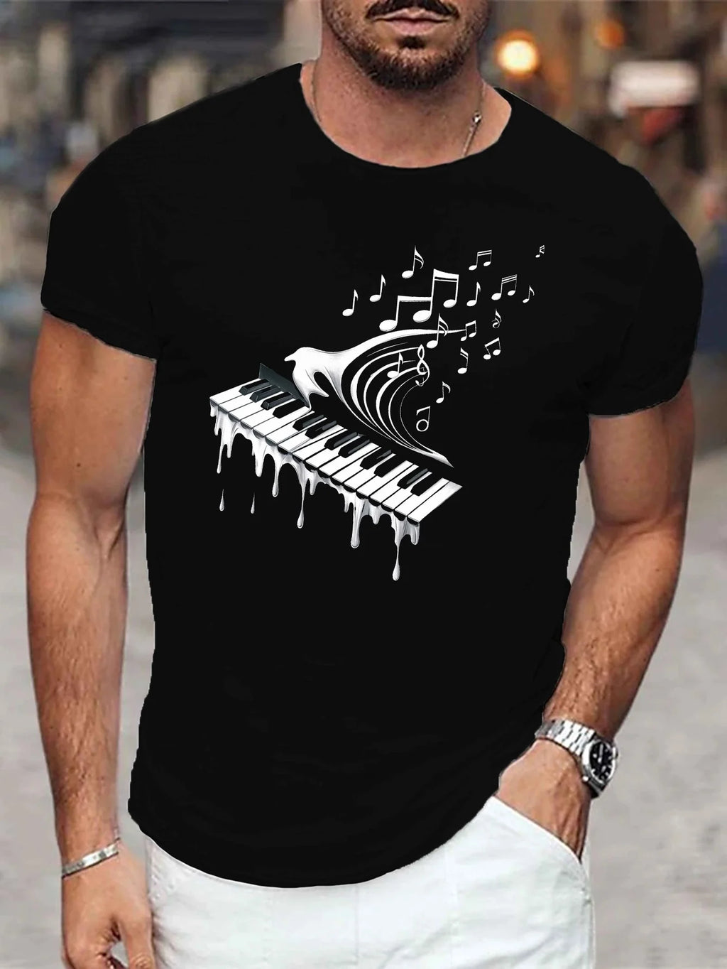 A T-Shirt Designed to Resemble a Dripping Piano Keyboard, Men'S, with Short Sleeve Design, Casual Summer Outings