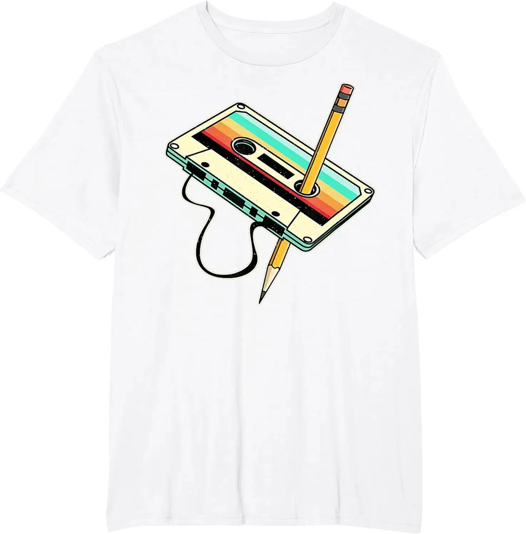 Retro-style 80s Cassette Tape Pencil 1980s Retro Vintage Throwback Music T-Shirt Men Clothing Vintage T Shirt Camisetas C