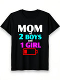 Tired Mom of 2 Boys Graphic T-Shirt Round Neck T-Shirt Short Sleeve Unisex Men Family Funny Gift T-Shirt Regular Fit Comfortable Stretch Fabric All-Season Wear T-Shirts4Retro Casual Short-Sleeved T-Shirt with Round Neck and Printed Pattern