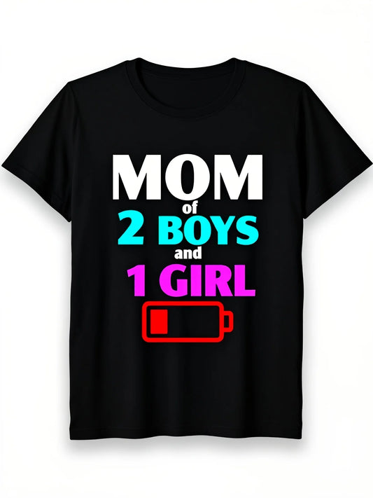 Tired Mom of 2 Boys Graphic T-Shirt Round Neck T-Shirt Short Sleeve Unisex Men Family Funny Gift T-Shirt Regular Fit Comfortable Stretch Fabric All-Season Wear T-Shirts4Retro Casual Short-Sleeved T-Shirt with Round Neck and Printed Pattern