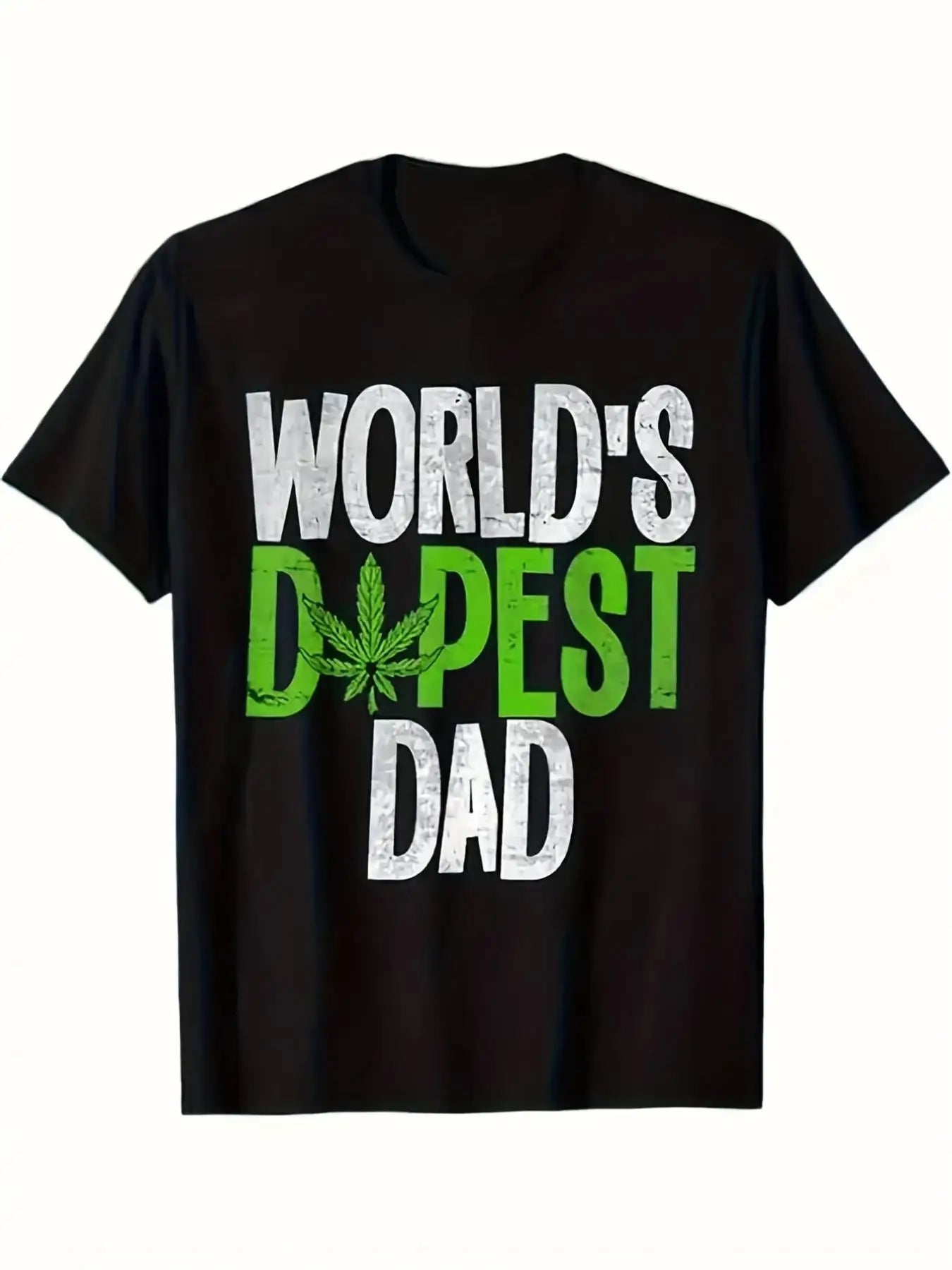 Men's Heavyweight Cotton T-Shirt - Leaf and World's Dopest Dad Print, Black with Green Leaf Design, Short Sleeve Round Neck Casual Tee for Weed-Themed Outfits, Culture Apparel