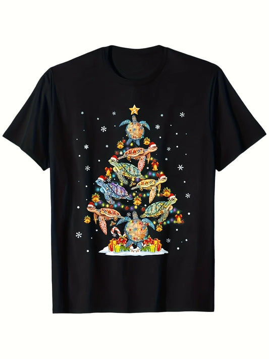 Trendy Men's Black Graphic T-Shirt Sea Turtle Christmas Tree Snowflake Gift Box Star Holiday Print 100% Cotton Heavyweight Short Sleeve Casual Streetwear Tee