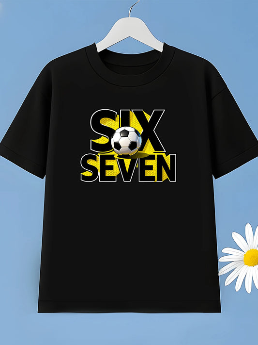Sporty Men's Black Graphic T-Shirt Soccer Ball Six Seven Bold Number Letter Print Yellow Contrast Athletic Theme 100% Cotton Heavyweight Short Sleeve Casual Streetwear Tee