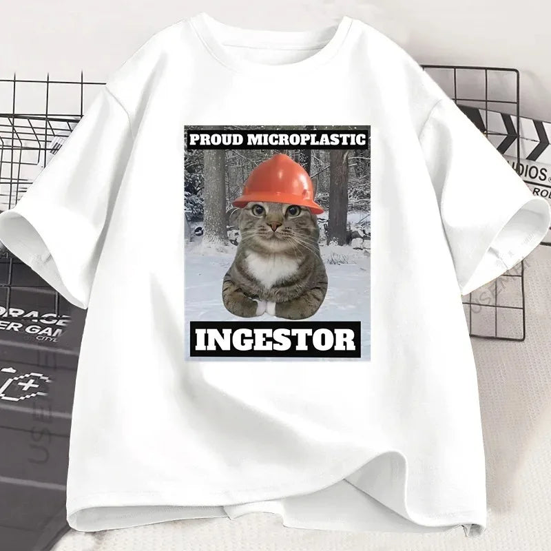 Cat Meme T Shirt Proud Microplastic Cat T-Shirt Short Sleeve Graphic Tee Cotton Casual O Neck Fashion T-shirt Streetwearw Unisex