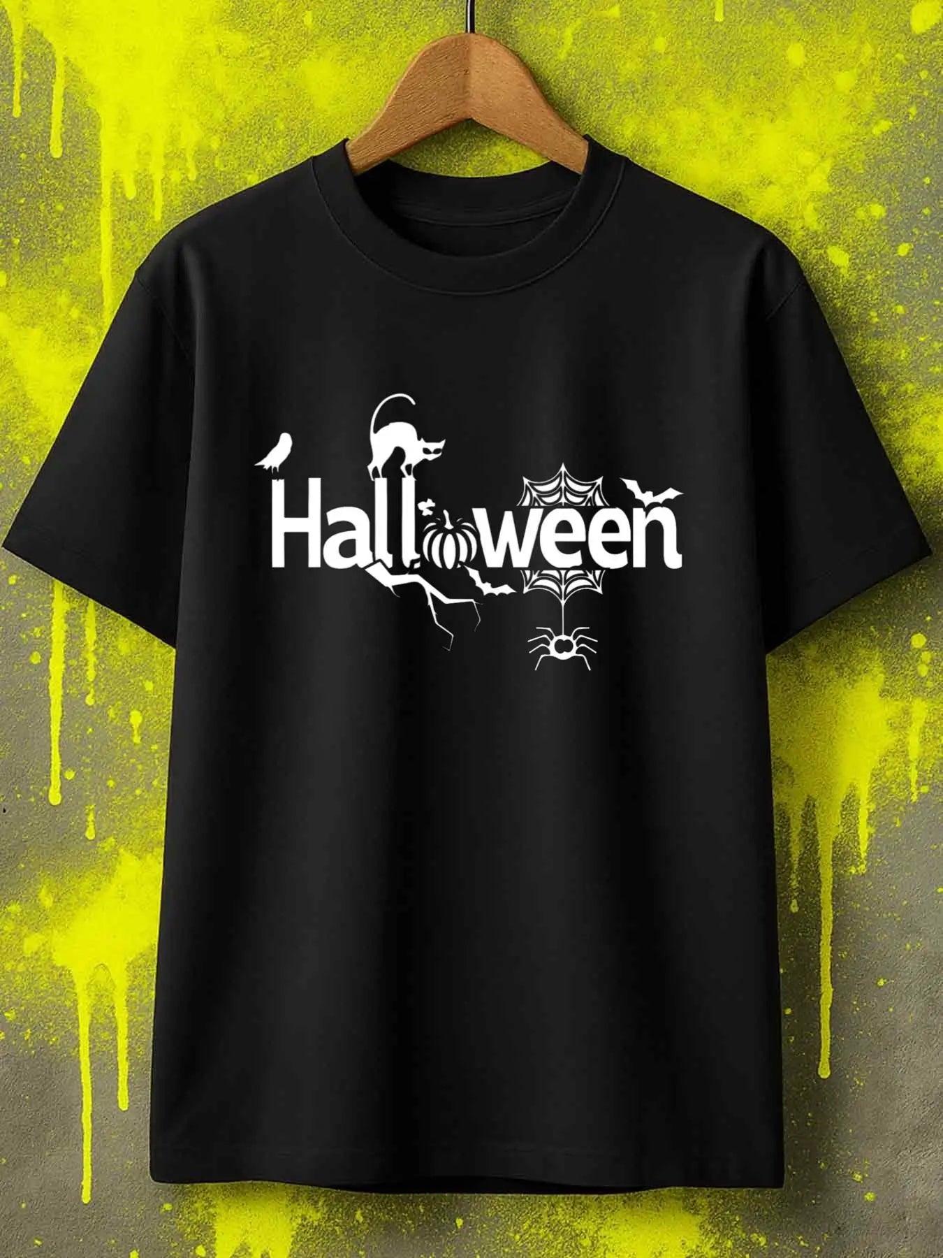 Vintage Men's Black Graphic T-Shirt Halloween Cat Bat Spider Web Pumpkin Raven Letter Print 100% Cotton Heavyweight Short Sleeve Casual Streetwear Tee