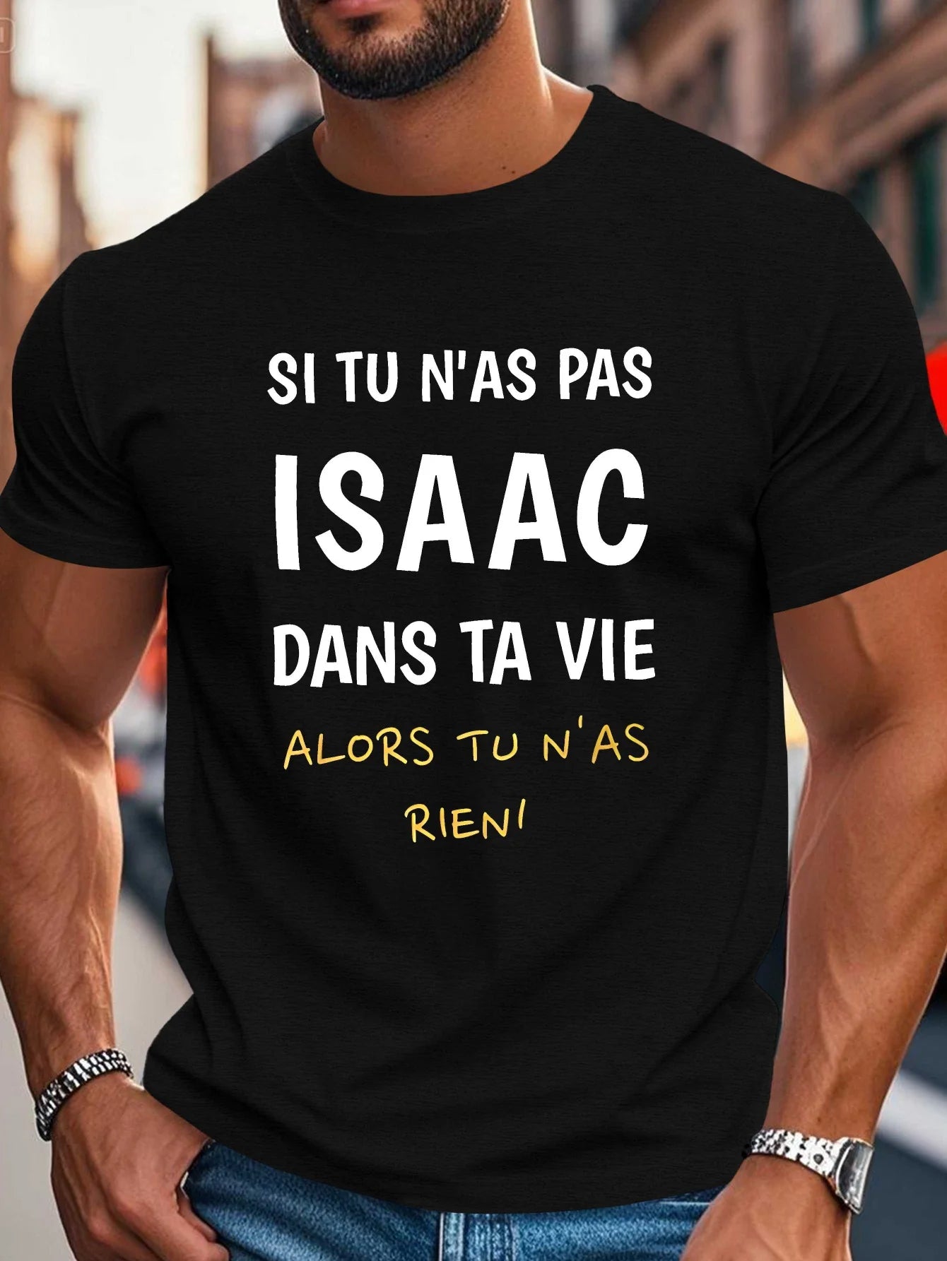 Funny Men's Black Graphic T-Shirt Isaac Name French Quote Bold Typography White Yellow Letter Print Statement Design 100% Cotton Heavyweight Short Sleeve Casual Streetwear Tee
