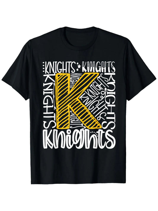Trendy Men's Black Graphic T-Shirt Bold Letter K Knights Repeating Typography Striped Initial Monogram Statement Print 100% Cotton Heavyweight Short Sleeve Casual Streetwear Tee