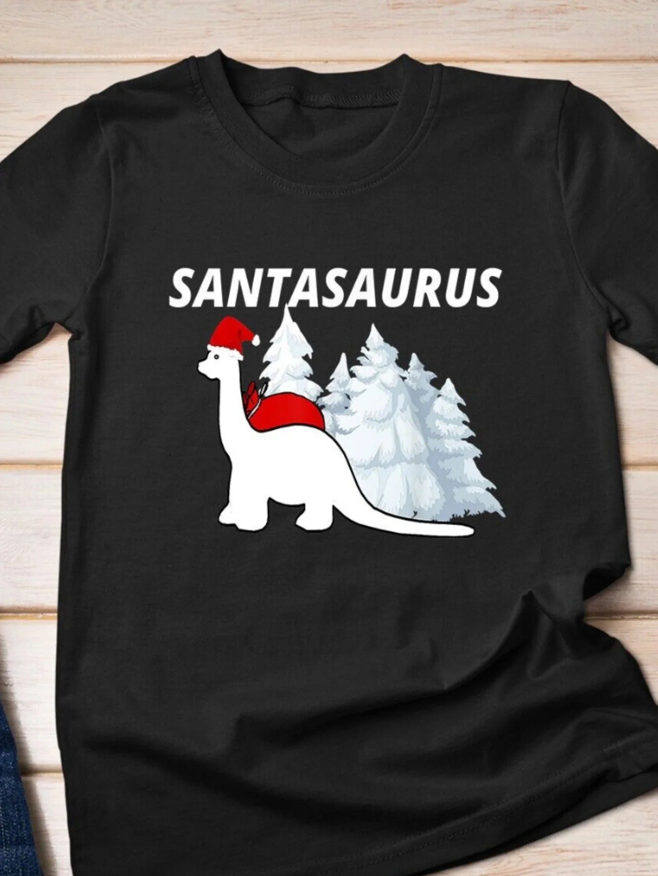 Funny Men's Black Graphic T-Shirt Santasaurus Dinosaur Santa Hat Red Saddle Snowy Pine Trees Holiday Letter Print 100% Cotton Heavyweight Short Sleeve Casual Streetwear Tee