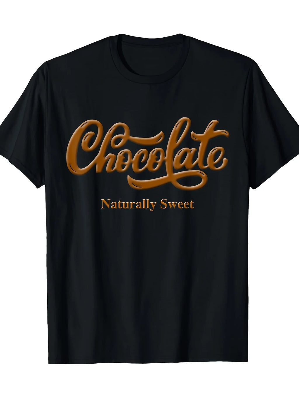 Black Short-Sleeved Graphic Tee Featuring 'Chocolate' in Elegant Cursive And 'Naturally Sweet' in Bold Lettering - a Striking Design for Chocolate Enthusiasts, with a Comfy Crew Neck, Ideal for Casual Outings Or Lounging