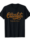 Black Short-Sleeved Graphic Tee Featuring 'Chocolate' in Elegant Cursive And 'Naturally Sweet' in Bold Lettering - a Striking Design for Chocolate Enthusiasts, with a Comfy Crew Neck, Ideal for Casual Outings Or Lounging