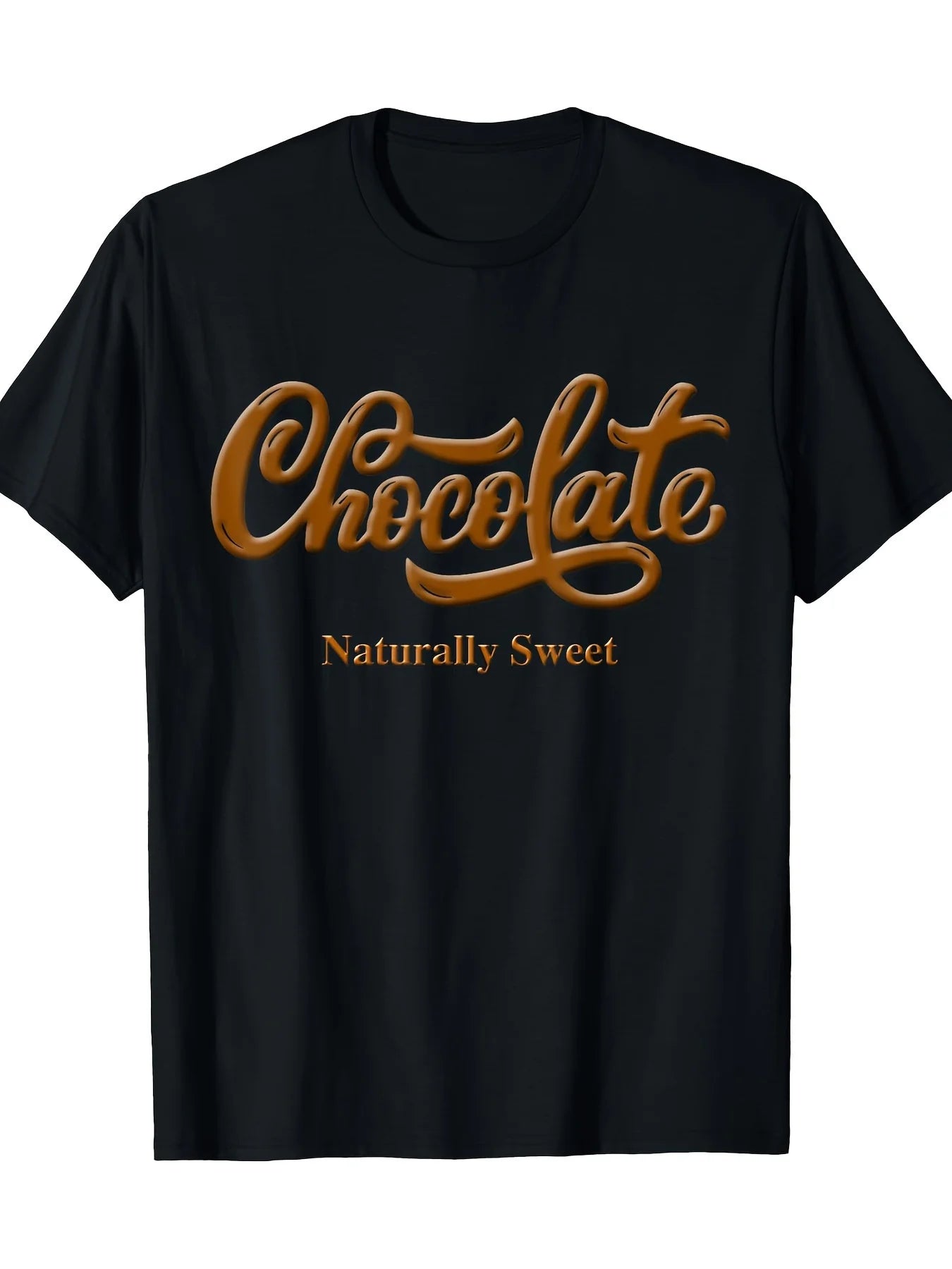 Black Short-Sleeved Graphic Tee Featuring 'Chocolate' in Elegant Cursive And 'Naturally Sweet' in Bold Lettering - a Striking Design for Chocolate Enthusiasts, with a Comfy Crew Neck, Ideal for Casual Outings Or Lounging